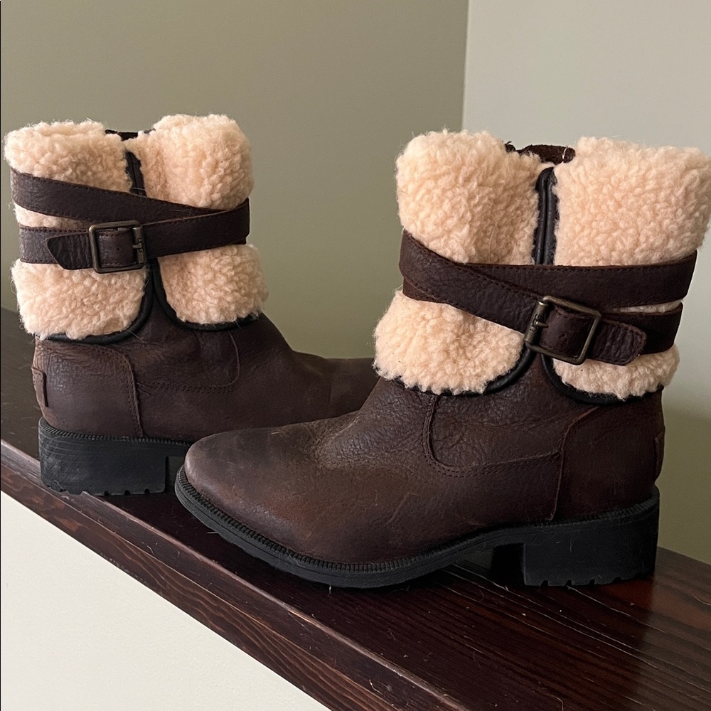 Brown and Cream Shearling Buckle Boots